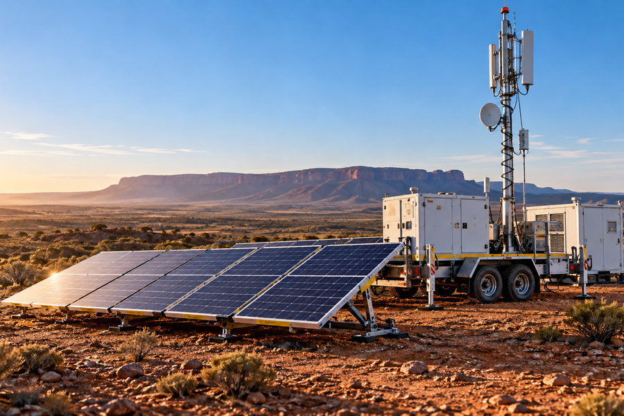 Representative generated remote context with deployed photovoltaic panels, equipment trailer and communications mast in Australian-style terrain.